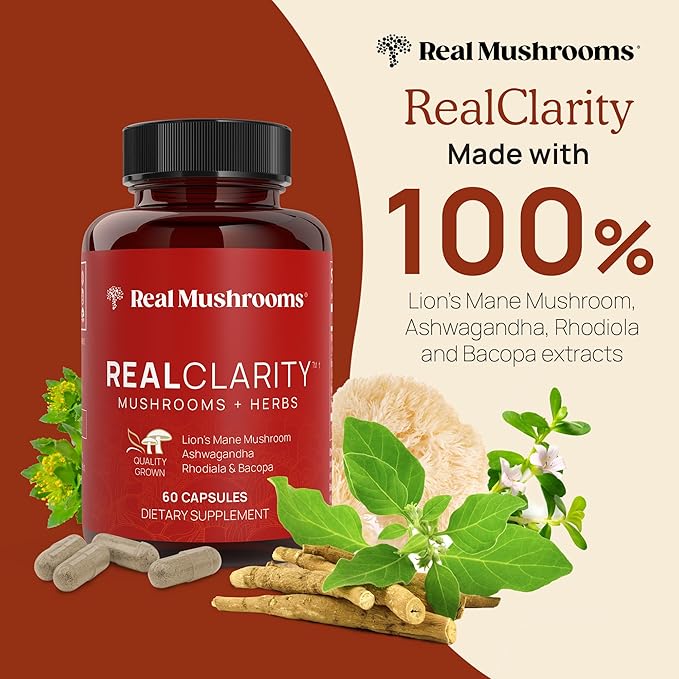 Real Mushrooms RealClarity Mushroom Powder Capsules - Brain Supplement with KSM-66 Ashwagandha Extract for Mental Clarity, Focus - Organic Lions Mane Capsules Focus Supplements for Adults, 60ct