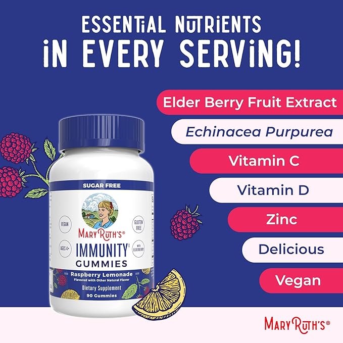MaryRuth Organics Sugar Free Immunity Gummies | Powerful Blend | Elderberry Vitamin C & Zinc | Vitamin D3 & Echinacea | Immune Support Supplement | Gummies for Kids & Adults | Vegan | Non GMO | 90ct
