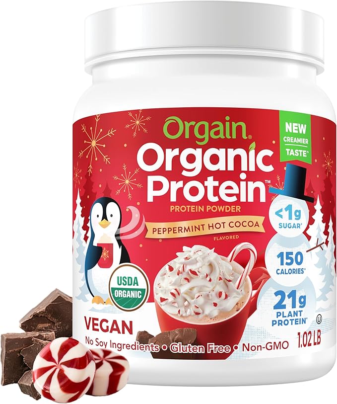 Orgain Organic Vegan Protein Powder, Peppermint Hot Cocoa Holiday Flavor - 21g of Plant Protein, 5g Prebiotic Fiber, No Lactose Ingredients, No Added Sugar, Non-GMO, For Shakes & Smoothies, 1.02 lb