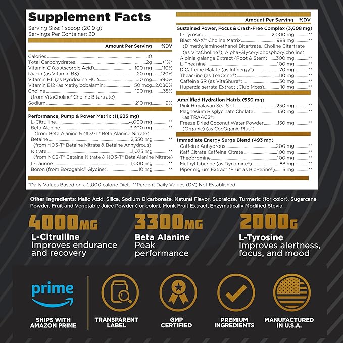 BLAST MAX β High-Stim Pre-Workout Powder β Highly Acclaimed Fully Stacked Pre Workout Energy Drink for Max Endurance, Max Pumps, Max Focus, and Max Power β Sugar-Free Mango Margarita Flavor β 418g