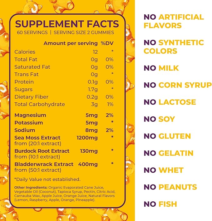 Natural Sea Moss & Bladderwrack Gummies - Immune Support & Detox - 60 Gummies for Adults & Kids, Made in The USA (Bag Pack 2)