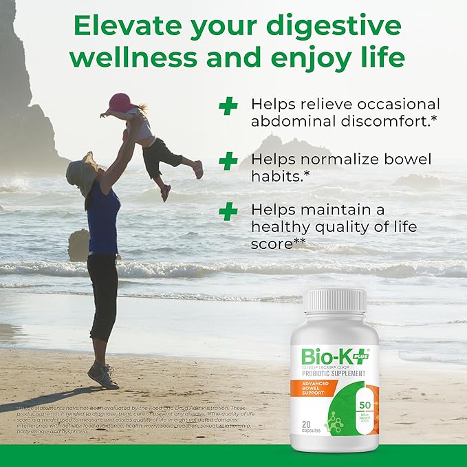 Bio K+ Advanced Bowel Support – Vegan Probiotics for Digestive Health, for Women & Men, Helps Normalize Bowel Habits & Occasional Discomfort, Gluten Free, Non GMO, 50 Billion CFU – 20 Capsules