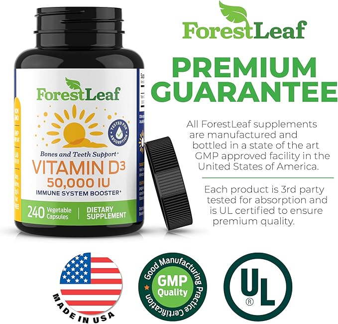 ForestLeaf Vitamin D3 50,000 IU | VIT D - VIT D3 Vitamin D Supplement for Women and Men | Bone Health, Teeth, Immune Support | Easy to Swallow Pills | High Potency WEEKLY Dose, 4-Year Supply, 240 Caps