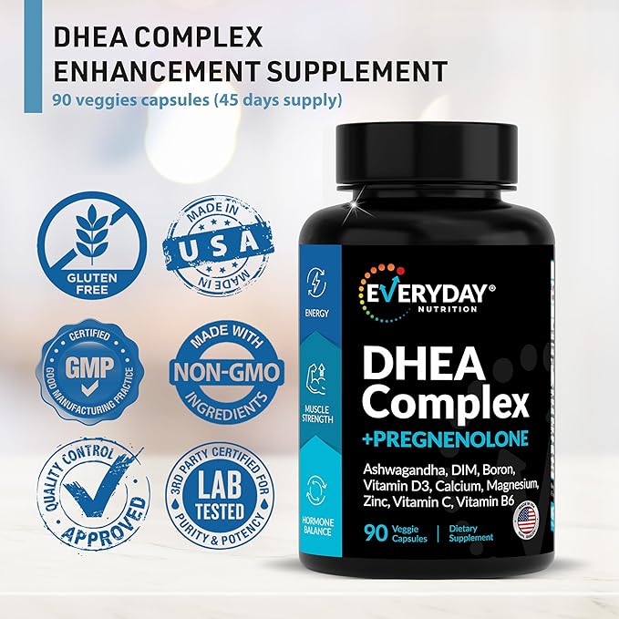 DHEA Micronized 200mg Complex with Pregnenolone 100mg Supplement for Men & Women with Ashwagandha, DIM, Magnesium, Boron, Calcium , Zinc, Vitamin D3, C and B6 Hormone Support - Made in USA 90 Capsules