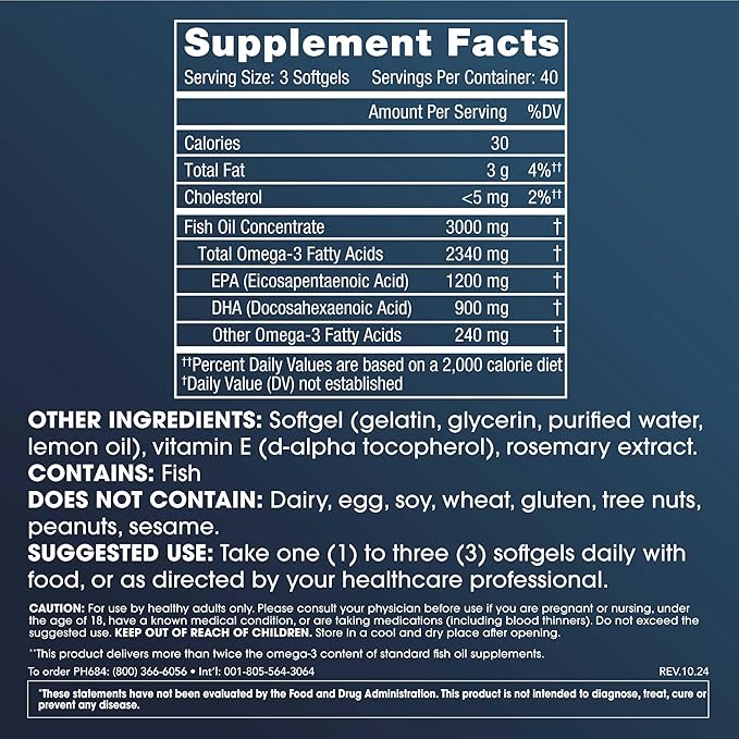 ProHealth Omega-3 Fish Oil Supplements for Women & Men, 120 Softgels, 1200 mg EPA, 900mg DHA & Other Fatty Acids, Extra Strength Fish Oil Nutritional Supplement