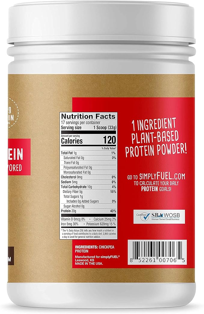 Plant Based Protein Powder - Chickpea Protein - 20g No Whey Protein Powder Unflavored - High Fiber - Unsweetened - No Stevia - Nothing Artificial - 1.25 pounds