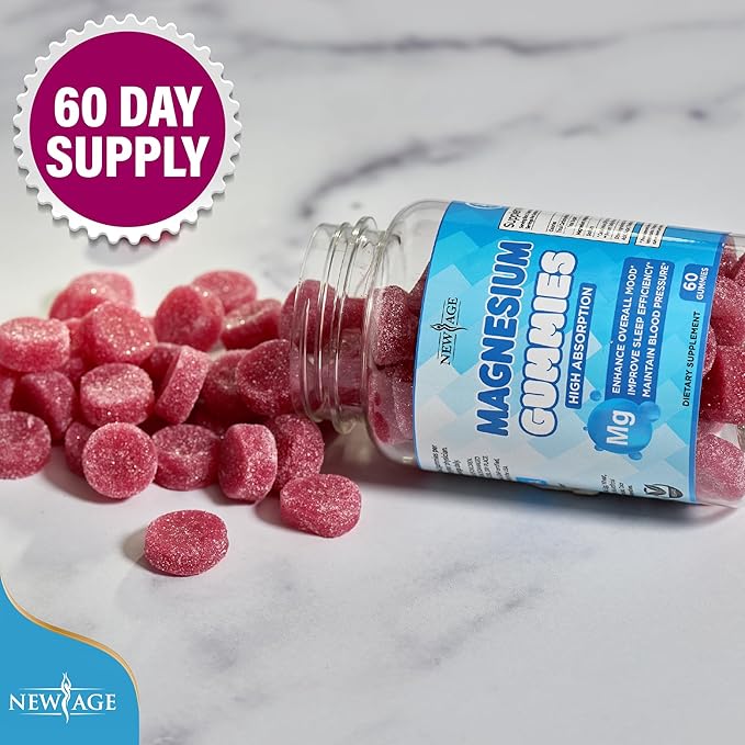 Magnesium Gummies - Calming Anti-Stress Gummies, Magnesium Supplement for Adults and Kids, Vegan, Gelatin-Free, Gluten-Free, Non-GMO, Delicious Natural Raspberry Flavor- 120 Count - by New Age