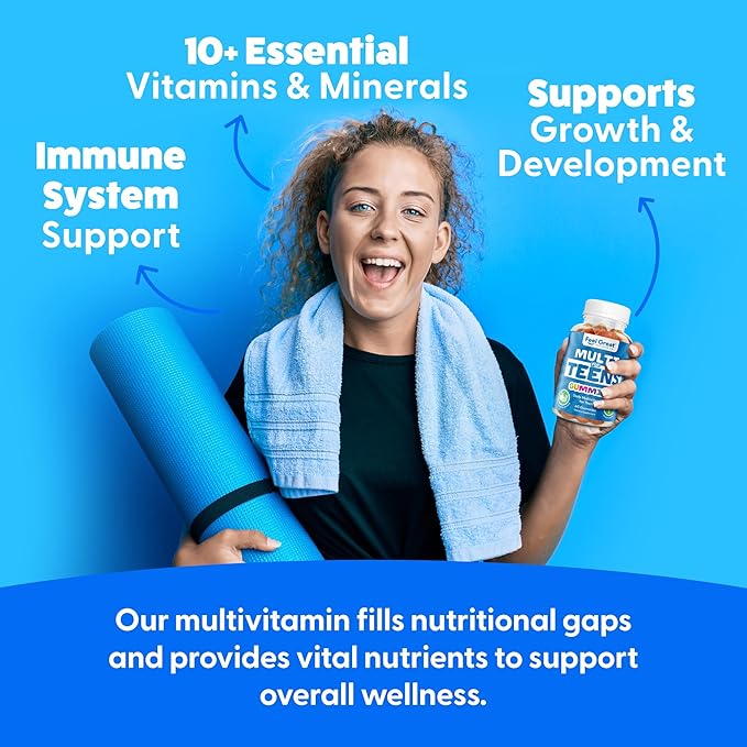 Feel Great Teen Multivitamin Gummies | Citrus & Strawberry Flavor for Teen Boys & Girls | for Bone, Muscle & Immune Support | Vegetarian | 30-Day Supply