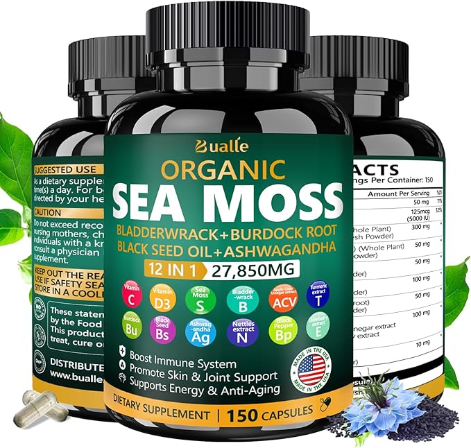 Organic Sea Moss Capsules 27,850mg with Sea Moss,Black Seed Oil,Ashwagandha,Bladderwrack,Ginger,Burdock Root for Immune System,Skin,Energy Support-USA Made (150 Capsules)