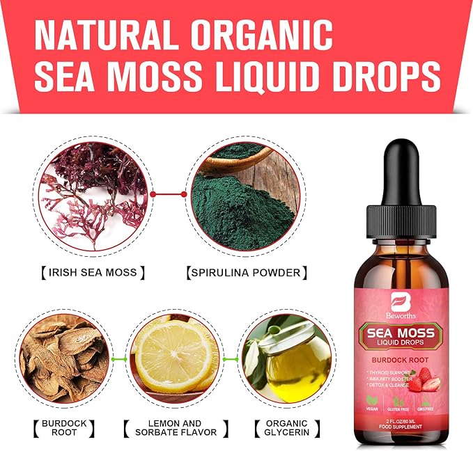 Sea Moss Liquid Drops - Organic Irish Sea Moss Gel with Spirulina, Bladderwrack, Burdock Root, Seamoss Gel Supplement for Immune, Joint, Detox Cleanse & Digestion Support - 2 Fl Oz, Vegan