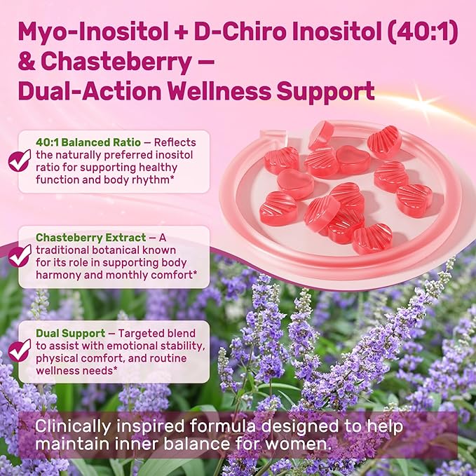 Inositol Gummies for Women + Chasteberry, Myo-Inositol & D-Chiro Inositol 2000mg + 50mg Ideal 40:1 Ratio with Methylated B12 & Folate, Choline, Magnesium, Vitamin D3 for Overall Health, Pack of 2