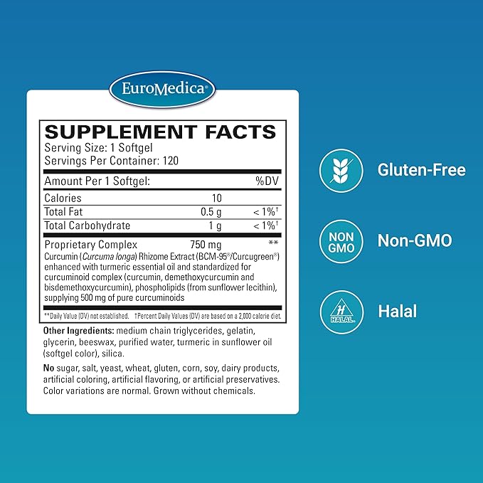 Euromedica CuraPro - Antioxidant Supplement for Brain & Heart Health Support - Dietary Supplement with High-Potency Curcumin Complex - Kidney, Liver & Immune Health Support - 120 Softgels