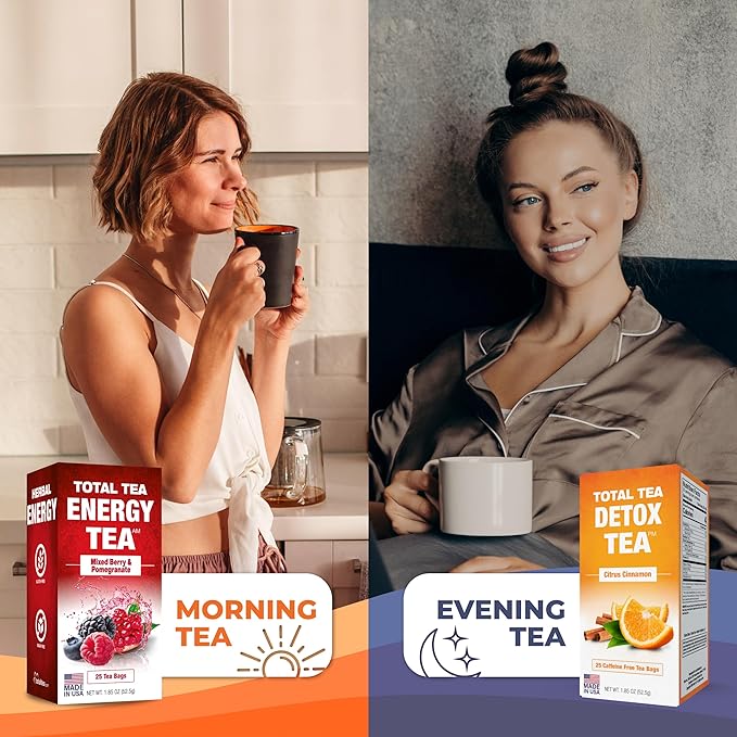 Total Tea Detox Tea & Energy Tea Set - 25 Day Detox Tea - Herbal SIim Tea with Chamomile - Hibiscus Tea and Ginger Root for Colon Cleanse – Natural Citrus & Cinnamon Herbal Tea for Digestive Health (25-Pack, Detox & Energy Tea)