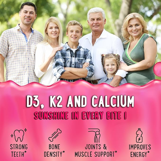 Center-Filled Vitamin D3 K2 Gummies - Kids, Teens & Adults - Supplement for Healthy Teeth, Bone, Energy & Immunity - 5000 IU D3, 120 mcg K2(MK-7), 120 mg Calcium - Vegan & Non-GMO - 60 Count
