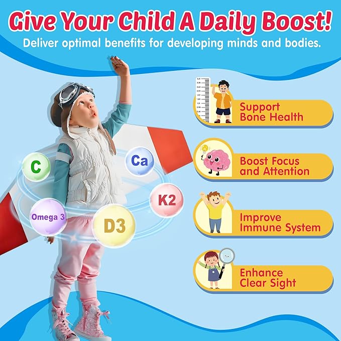 Kids Omega 3 Gummies with Calcium, Vitamin D3 & K2, C, Omega-3 DHA Gummies for Focus and Memory, Bone Health & Immune Support, Kids Omega3 Supplement - No Fish Taste, Non-GMO, Chewable, 60 Counts