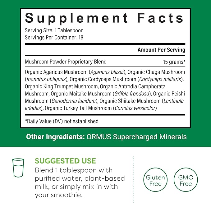 Global Healing Organic Mushroom Powder Supplement Blend 9.5 Ounces - Cordyceps, Chaga, Reishi, Turkey Tail Mushroom for Immune and Gut Health - Nootropic Focus Supplement Superfood