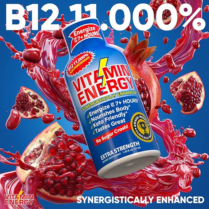 Vitamin Energy B12 11,000% Extra Strength Energy Shot Açaí Pomegranate 12 Pack, 260mg Natural Caffeine, B12 & B6, Nootropic Focus, Vitality, Zero Sugar, Gluten-Free, Vegan, Kosher, 1.93 fl oz