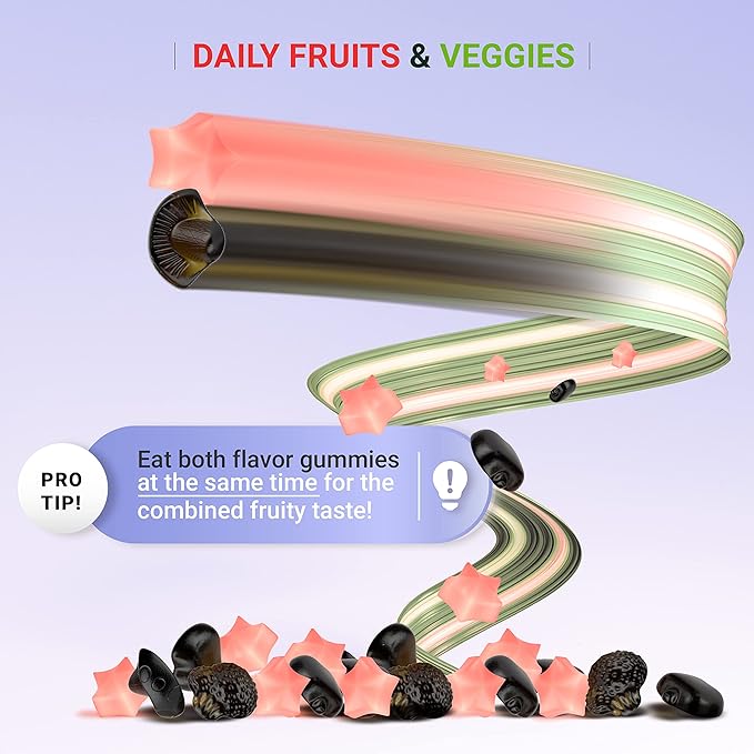 (120 Chews) Fruits and Veggies Supplement - Superfood Fruits and Veggies Gummies (9 Superfruits & 30 Veggies) Mushrooms, Fruit and Vegetable Vitamins, Non-GMO, Pectin-Based, Gluten-Free, No Capsules