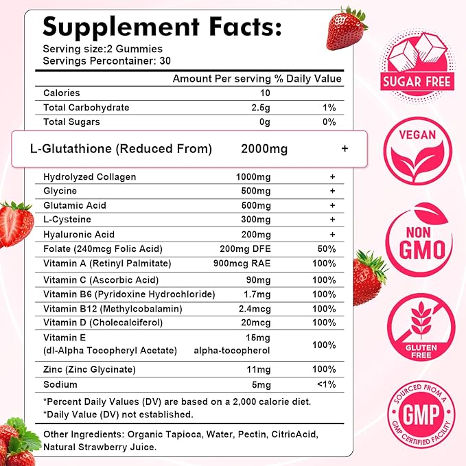 Glutathione Collagen Gummies, Skin Brightening & Anti-Aging, Supports Hair, Skin & Nail Health, Glutathione Supplement for Women, Strawberry Flavor, 60 Count