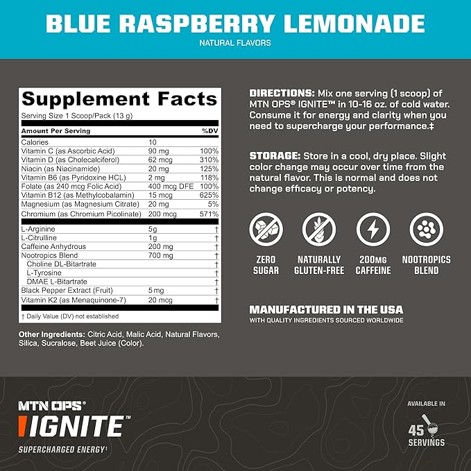 MTN OPS Ignite Energy Drink Powder, Gluten Free Nitric Oxide Supplement Drink Mix, L Arginine, L Citrulline, Caffeine & Nootropic Sugar Free Drink Mix, 45 Servings, Blue Raspberry Lemonade