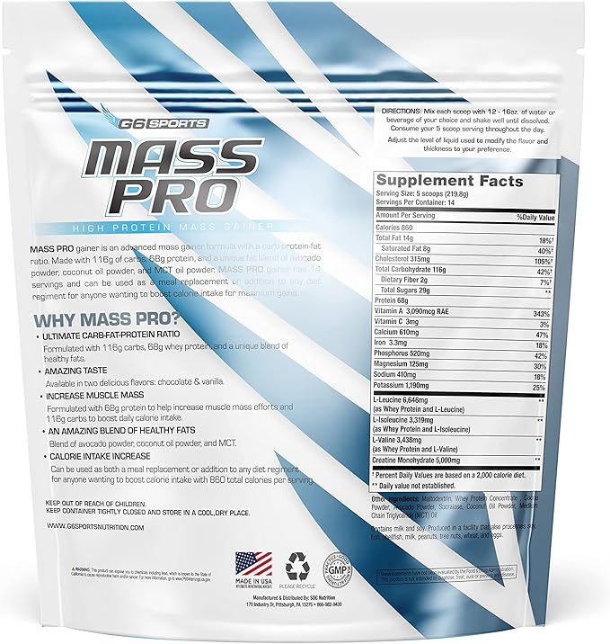 Nutrition Mass Pro High Protein Mass Gainer (64g Protein, Avocado Powder, Coconut Oil Powder, MCT Oil Powder) – 7lb Bag – Chocolate