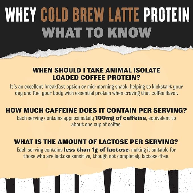 Animal Whey Protein Coffee Powder, Loaded with 22g of Protein, 100mg of Caffeine, and BCAAs for Pre & Post Workout Muscle Builder Recovery with Digestive Enzymes for Men & Women, Cold Brew Latte, 1 lb