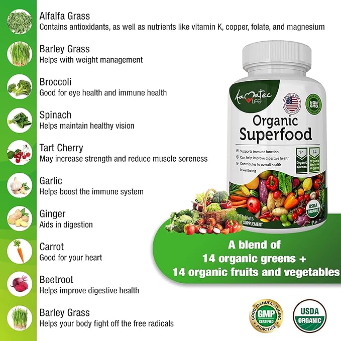 Organic Superfood Greens Fruits and Veggies Complex - Best Dietary Supplement with 14 Greens &14 Fruits & Vegetables with Alfalfa Rich in Antioxidants Organic Ingredients Non-GMO (180 Count Pack of 3)