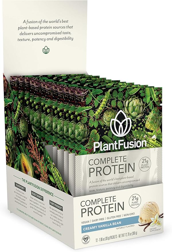 PlantFusion Complete Vegan Protein Powder - Plant Based Protein Powder With BCAAs, Digestive Enzymes and Pea Protein - Keto, Gluten Free, Soy Free, Non-Dairy, No Sugar, Non-GMO - Vanilla Pack of 12