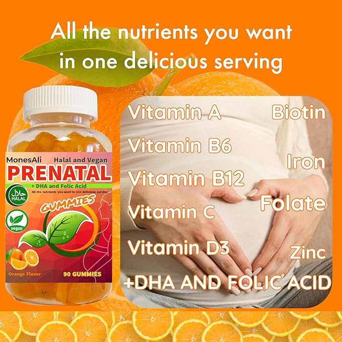 Halal Prenatal and Postnatal Vitamins for Women, Womens Multivitamin Gummies, Gelatin Free with Iron DHA Folate and folic Acid, Vegan Prenatal Vitamin Gummy, Pregnancy Must Haves, 90 Count