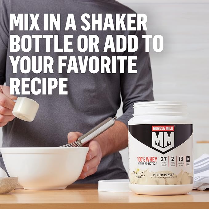 Muscle Milk 100% Whey With Probiotics Protein Powder, Chocolate, 1.85 Pound, 23 Servings, 27g Protein, 2g Sugar, 1B CFU Probiotics, Low in Fat, NSF Certified for Sport, Packaging May Vary
