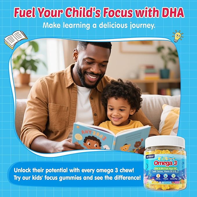 Kids Omega 3 Gummies with Calcium, Vitamin D3 & K2, C, Omega-3 DHA Gummies for Focus and Memory, Bone Health & Immune Support, Kids Omega3 Supplement - No Fish Taste, Non-GMO, Chewable, 60 Counts