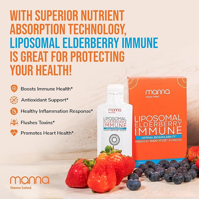 Manna Liposomal Elderberry Immune Packets – Vitamins C, D, Zinc, Echinacea & Ginger - Daily Immune Support for Adults & Kids - Sugar Free, Real Elderberry Extract & Syrup, Travel-Friendly, 30 Pack