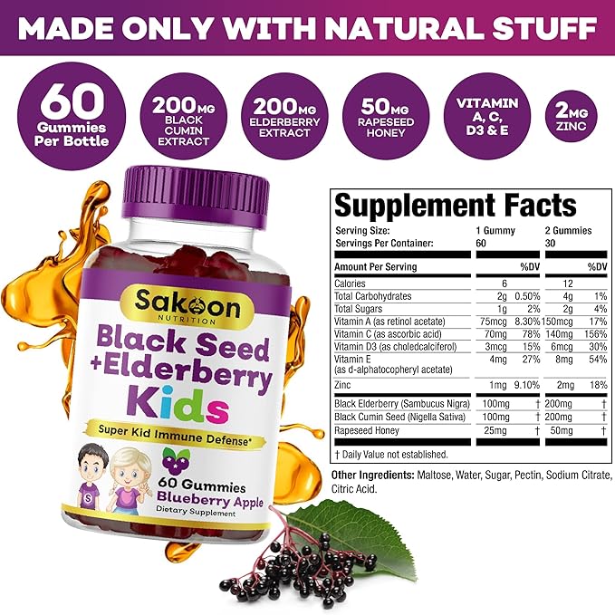 Elderberry & Black Seed Oil Gummies for Kids, Immune Support, with Vitamin C and Zinc, Delicious Berry Flavor, 60 Gummies