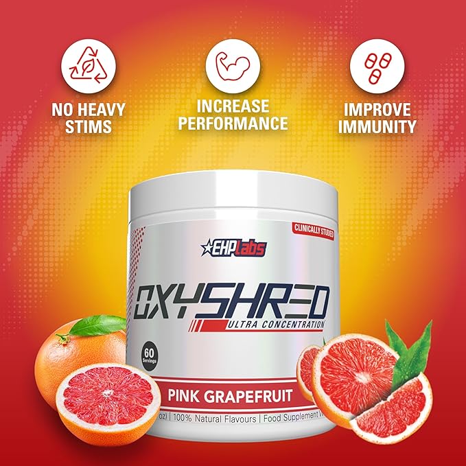 EHP Labs OxyShred Pre Workout Powder - Preworkout Powder with L Glutamine & Acetyl L Carnitine, Energy Boost Drink - Pink Grapefruit, 60 Servings