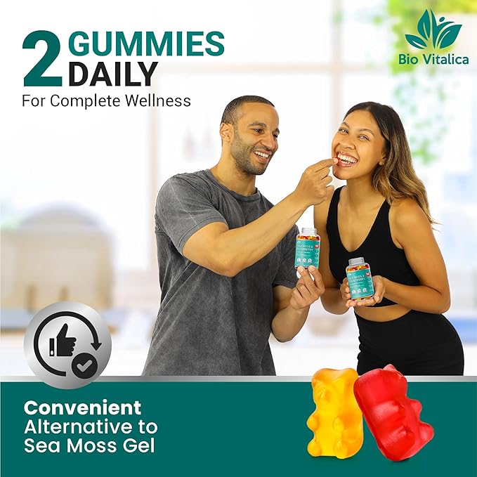 BIO VITALICA Sea Moss Gummies Elderberry BioVitalica - Vitamin C D + Zinc - Irish Seamoss Vegan Gummy with Sea Moss Gel & Powder for Immunity, Detox - for Adults and Kids