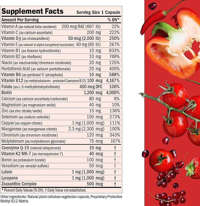 ANDREW LESSMAN Essential-1 Multivitamin 2000 IU Vitamin D3 360 Small Capsules - 100 mcg Methyl B12. CoQ10 Lutein Lycopene Zeaxanthin. High Potency. No Additives. Ultra-Mild. One Daily Capsule