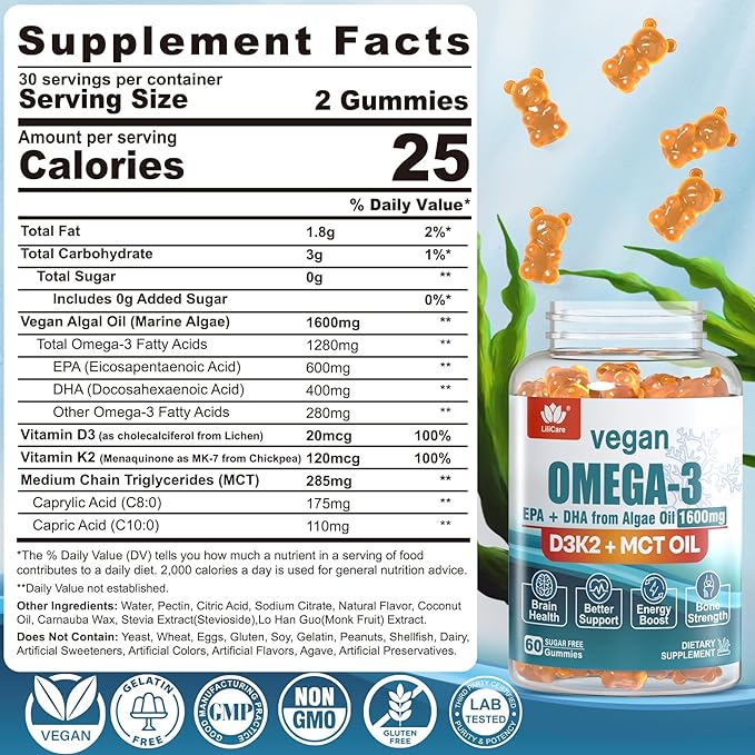 Vegan Omega3 Gummies 1280mg + Vitamin D3 K2, Sugar Free Omega 3 Fish Oil Alternative w/EPA 600mg & DHA 400mg & MCT Oil, No Fish Taste, from Marine Algae Oil, for Brain, Eye, Immunity, 1 Pack