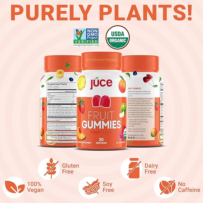 Júce Fruit Gummies with Peach Flavor - Superfood Gummies Delights for Optimal Health By Terra Kai Organics