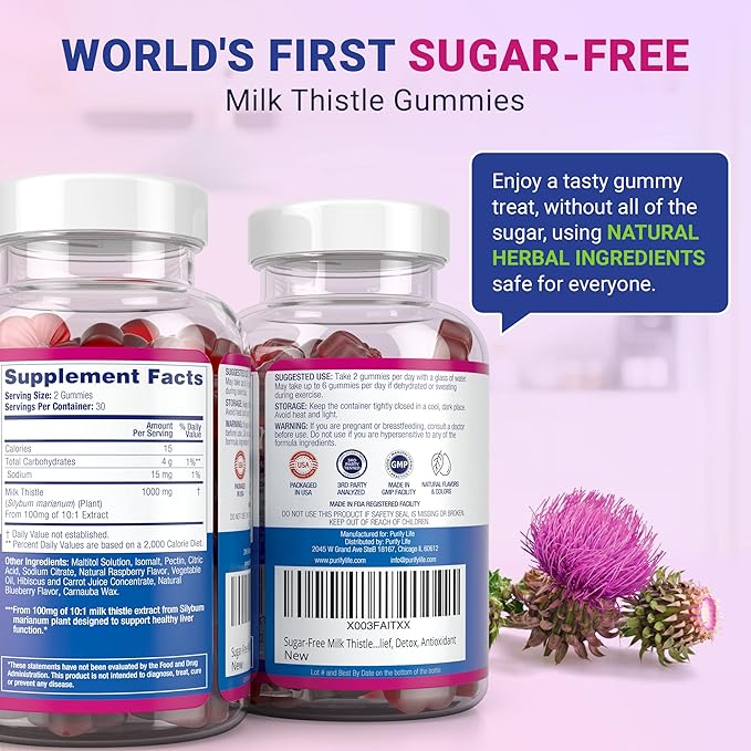 Purify Life Sugar-Free Milk Thistle Gummies for Liver Cleanse, Detox & Cell Repair (1000mg/serv) Cardo Mariano, Milk Thistle Extract & Antioxidant Support, Vegan, Replaces Pills & Capsules