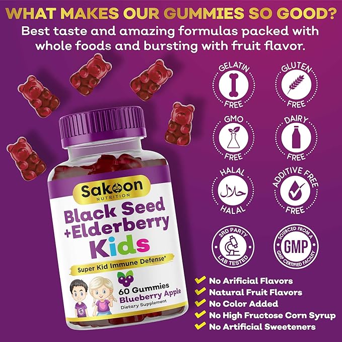 Elderberry & Black Seed Oil Gummies for Kids, Immune Support, with Vitamin C and Zinc, Delicious Berry Flavor, 60 Gummies