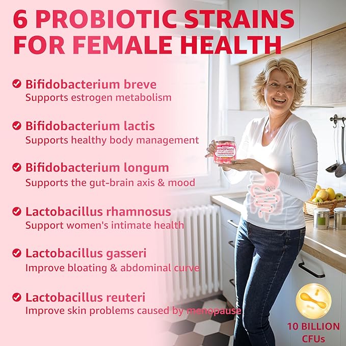 Sugar Free Menopause Supplement Filled Gummies for Women, Menopause Probiotics Hormone Balance Gummies with Ashwagandha, Dong Quai & Black Cohosh for Hot Flashes, Night Sweats, Mood Swings, Gut Health