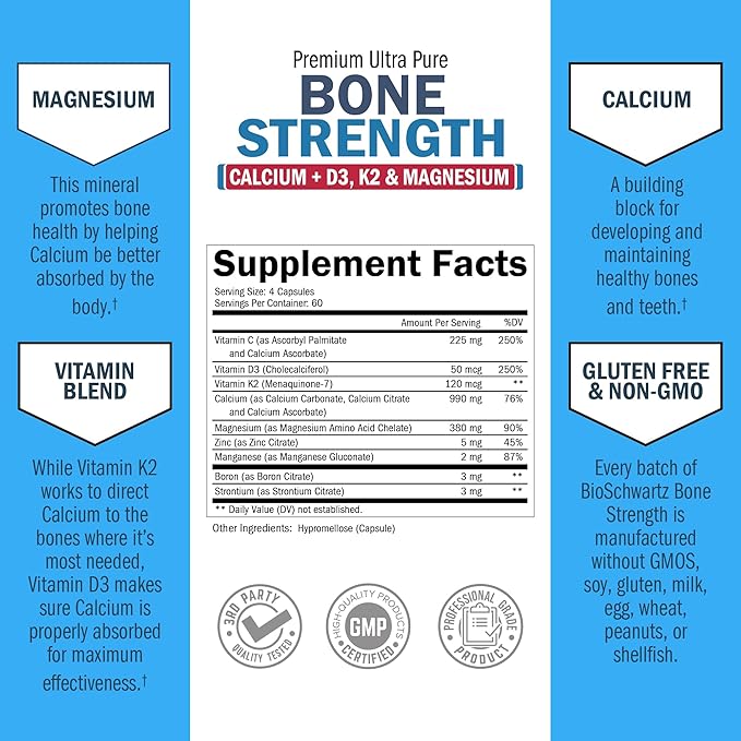 Bone Strength Supplement with Calcium Magnesium Vitamin D3 K2 Zinc (60 Day Supply) 8 Bone Building Nutrients for Bone & Muscle Support - High Absorption Non-Constipating Formula - 240 Veggie Capsules