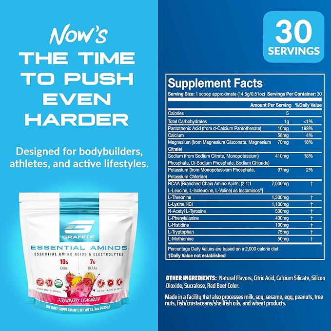 Granite Essential Amino Acids Powder for Muscle Recovery and Growth with 10g EAAs and 7g BCAAs - Soy-Free, Gluten-Free, 448g (30 Servings), Strawberry Lemonade