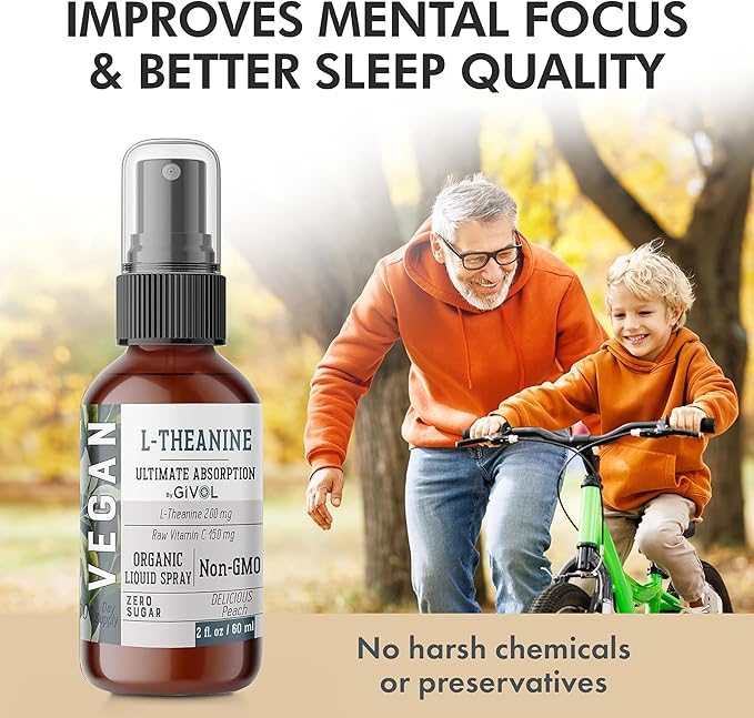 200mg L-Theanine & 150mg Vitamin C Liquid Spray for Kids & Adults - Real Peach Extract Flavor - Non-GMO, Gluten Free, Sugar Free, Alcohol Free, All Natural - 2 Fl Oz 60 Days Supply