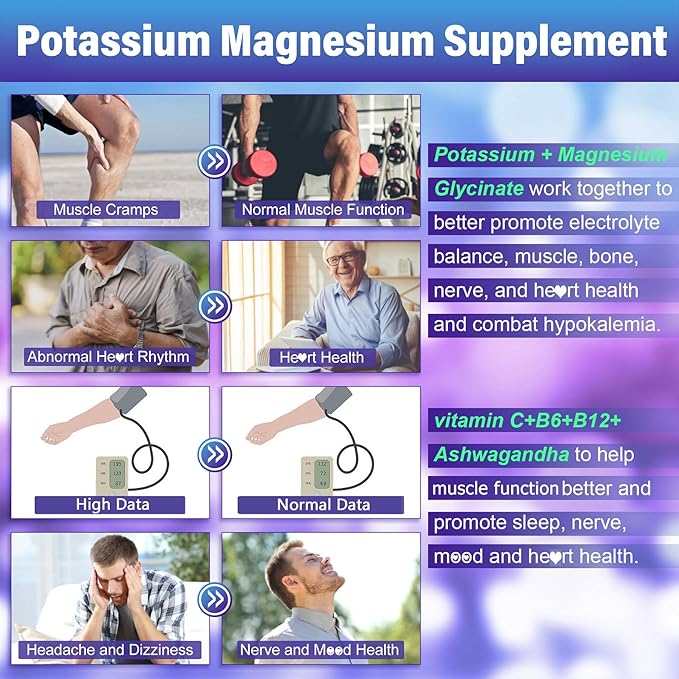 Potassium Magnesium Gummies - Potassium Supplement w/Ashwagandha 200mg, High Absorption Magnesium Glycinate,B6,B12,Potassium Citrate for Leg Cramps,Muscle,Electroyte for Adults Kids,Sugar-Free, 1Pack