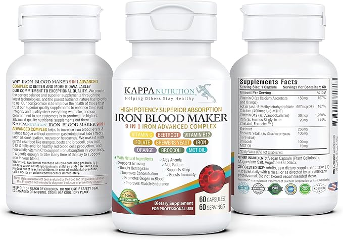 KAPPA NUTRITION Iron 26mg, Vitamin C & Orange 150mg, Folate 667mcg DFE, Vitamin B12, Beetroot, Brewers Yeast, Broccoli & MCT Oil 9 in 1 Advanced Complex (60 Capsules)