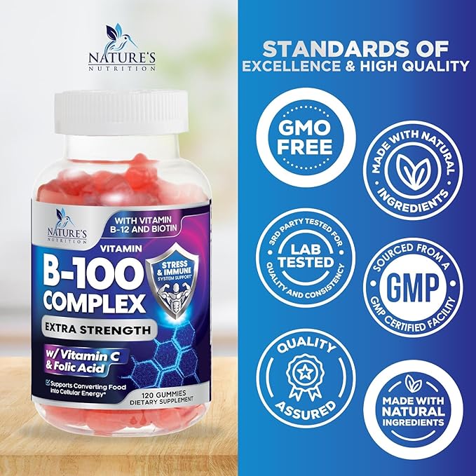B Complex Gummy with Vitamin C & Folic Acid, Extra Strength Vitamin B Gummies Supplement with Niacin, B6, Folic Acid, Super B12, Biotin, Nature's Energy Immune Support Supplements - 120 Gummies