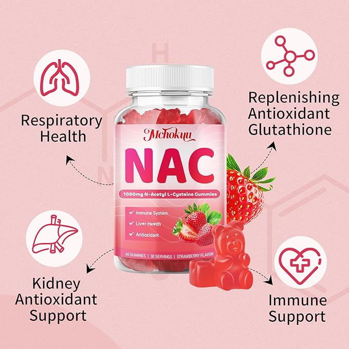 NAC Gummies 1000mg, N-Acetyl Cysteine Supplement for Adults & Kids Immune Support Liver Detox & Lung Health Antioxidant Supplement, Sugar-Free, Vegan, Strawberry Flavor, 120 Gummies