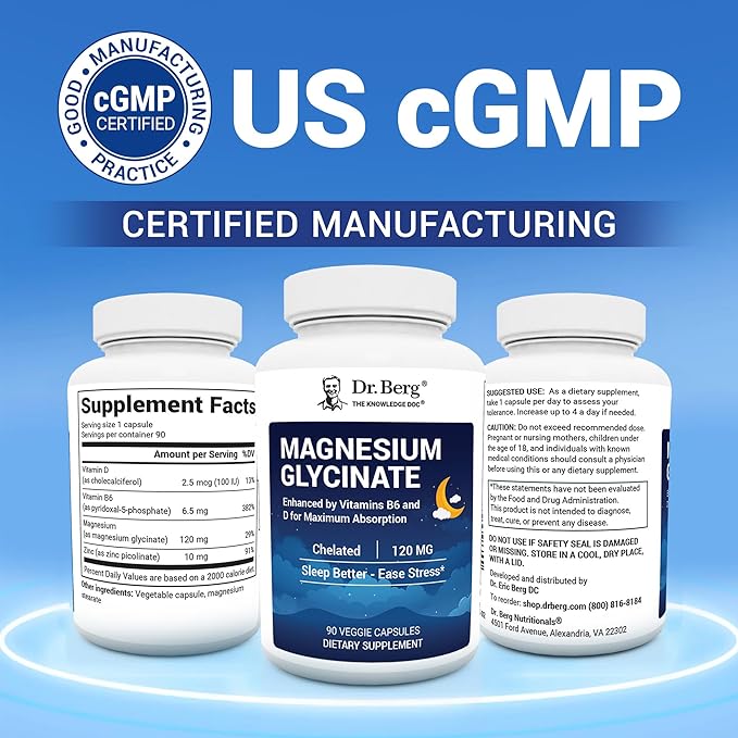 Dr. Berg Magnesium Glycinate with Vitamin D, B6 & Zinc for Stress Relief, Calm, Relaxation, & Good Sleep* - 120 mg Per Magnesium Bisglycinate Capsule - Chelated Magnesium Glycinate - 90 Caps