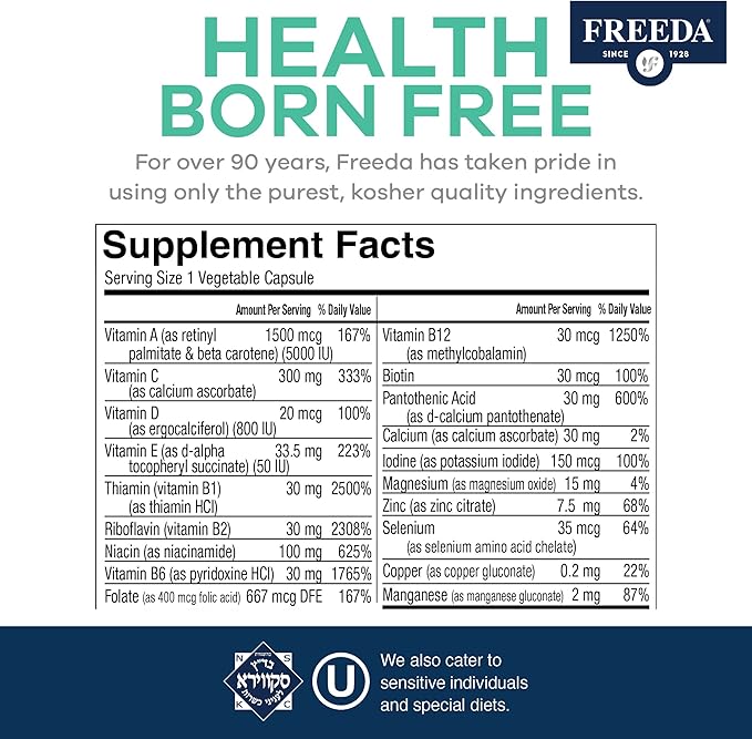FREEDA One Daily Multivitamin Without Iron – Quintabs-M Iron-Free – Kosher, Balanced Multivitamin Supplements for Adults, Men & Women's Health Complete Multivitamins (100 Capsules)